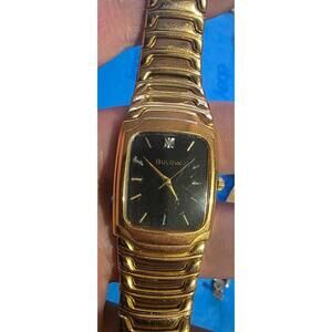 Rare Bulova Gold Tone Men's Wrist Watch with Black Dial